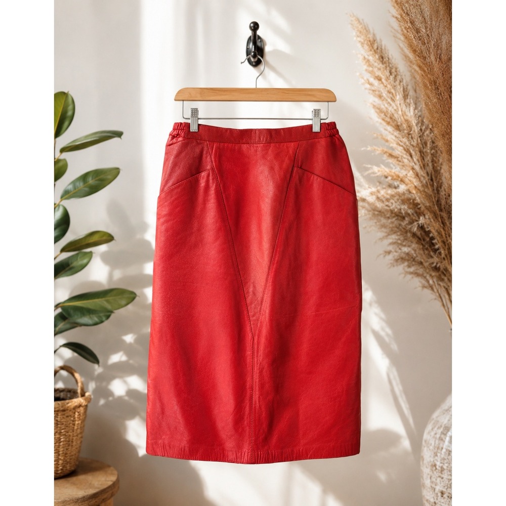 Vintage Cherry Red Leather Pencil Skirt 100% Leather High Waist Women's 10